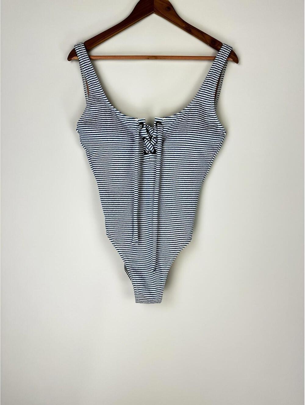 J Crew Blue & White Stripe Tank Bathing Suit Swimsuit Scoop Neck 8 Lace Up Tie